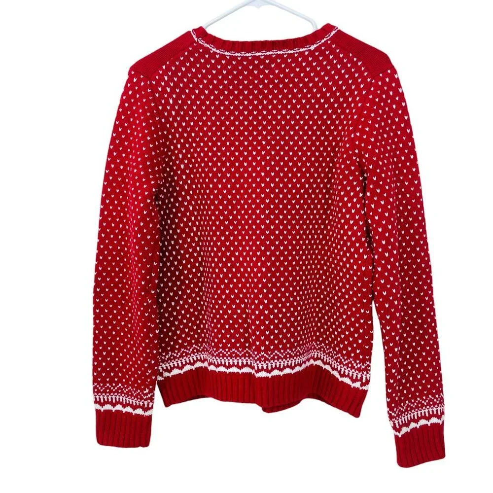 Knitted By BASS‎ Women's Large Birdseye Sweater Red White Fair Isle Reindeer